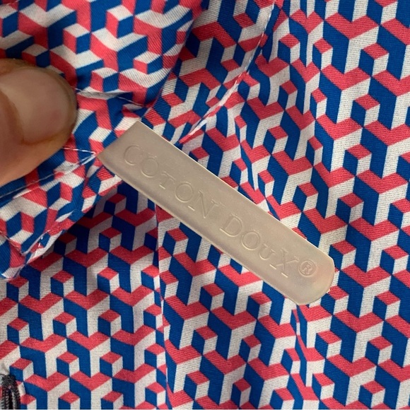 NWT COTON DOUX Paris Geo Print Button Front Shirt Cotton Poplin Pink Navy Blue - Picture 6 of 15